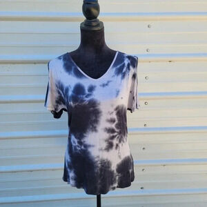 Above & Beyond Navy White Stretch Rayon Cold Shoulders Tie Dye Top Shirt Tank L